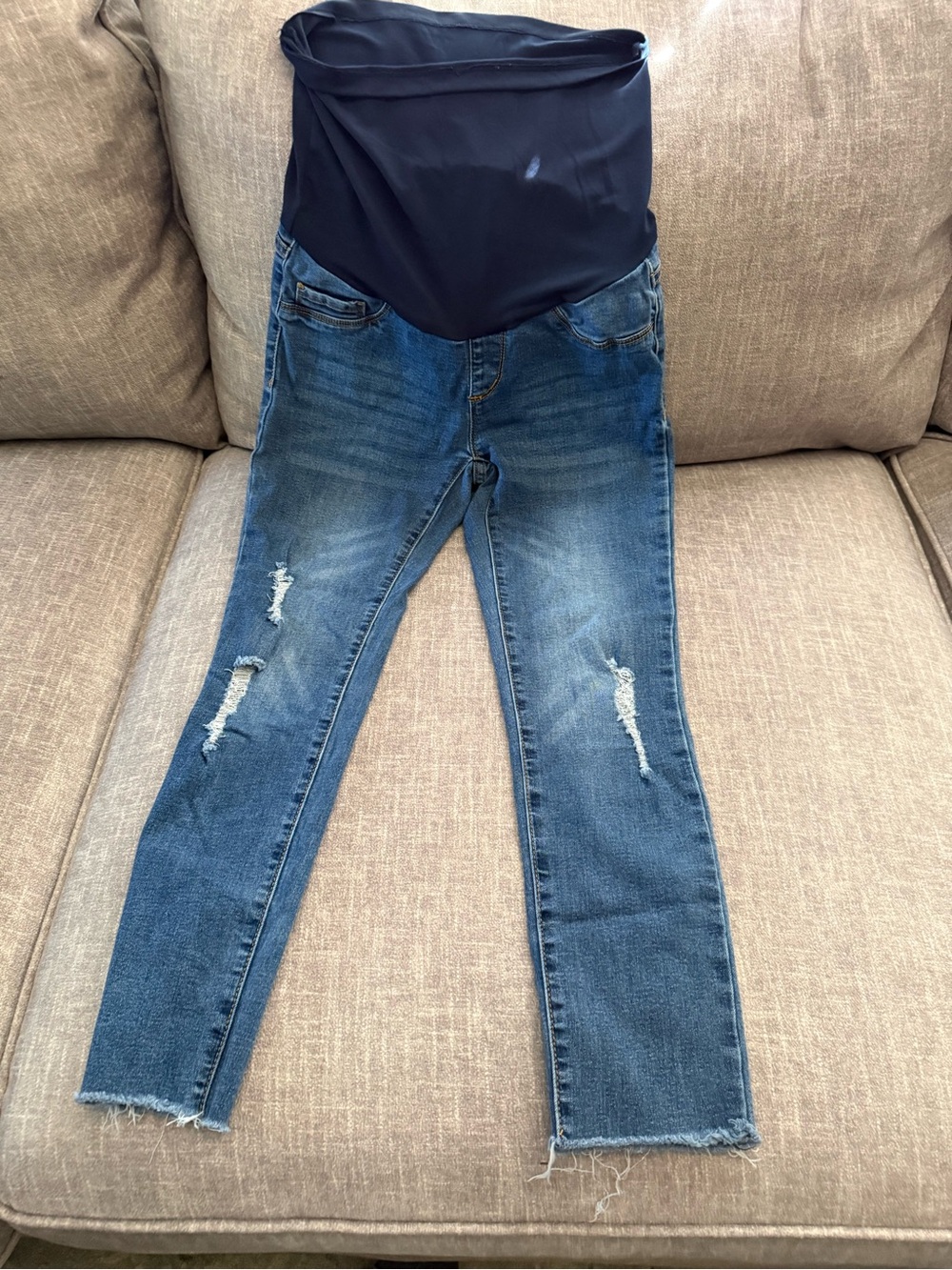 Dark Blue Maternity Skinny Jeans with Distressed Detail